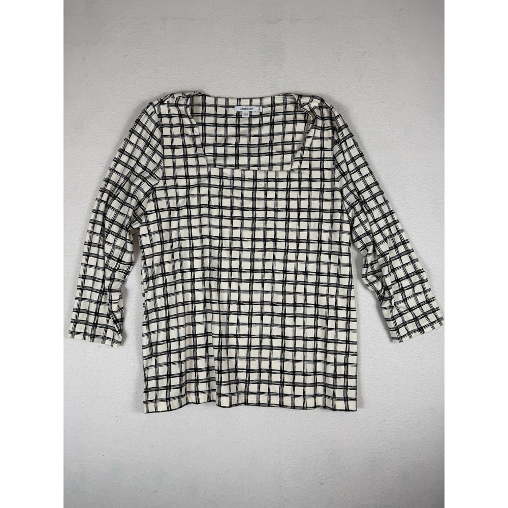 Chico's Plaid Top Size 2 Large Black White Square Neck 3/4 Sleeve Blouse
